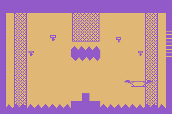 Screenshot of a level from an unfinished platformer. The spring flies back and forth, and the keys unlock the door to the right.