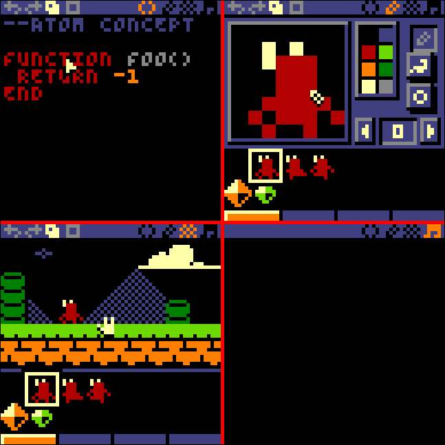 These are some screens for a fantasy console I've had on the backburner for a while. I might get around to making this someday. You'll be able to try it out on this site if I do.