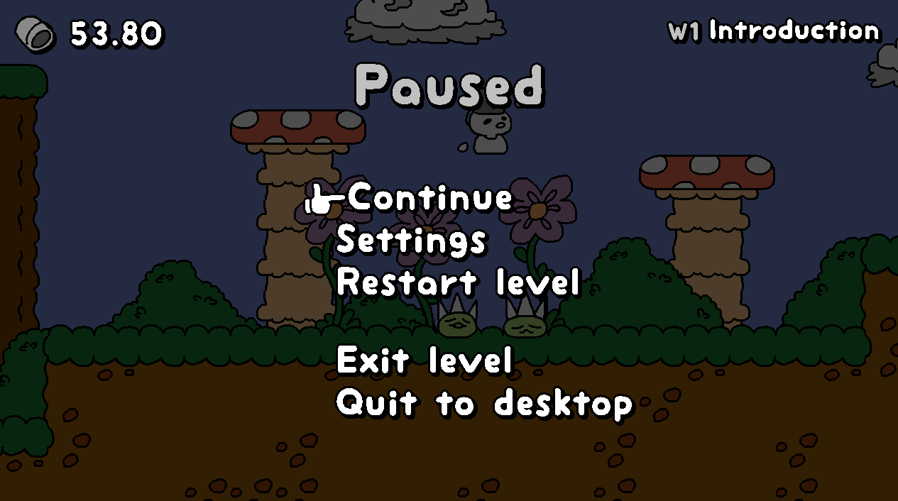 A pretty neat pause menu. You can see the level/world in the top right, and bucket counter in the top left.